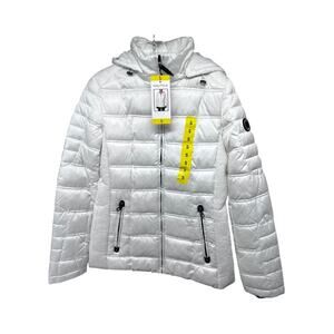 Nautica White Puffer Zip Up Jacket Small Removable Hood Pockets Stretch New